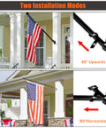 Six Foot Black Stainless Steel Flag Pole Kit With 360 Degree Anti Wrap Ring mounted on porch in two modes