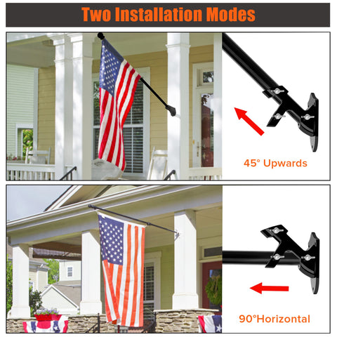 Six Foot Black Stainless Steel Flag Pole Kit With 360 Degree Anti Wrap Ring mounted on porch in two modes