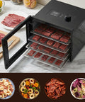 Top Tier Kitchen Workhorse Food Dehydrator With Heavy Duty Stainless Steel Trays, drying beef jerky on multiple trays.