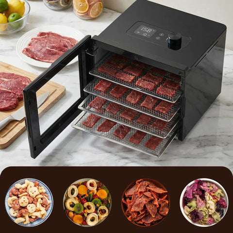Top Tier Kitchen Workhorse Food Dehydrator With Heavy Duty Stainless Steel Trays, drying beef jerky on multiple trays.