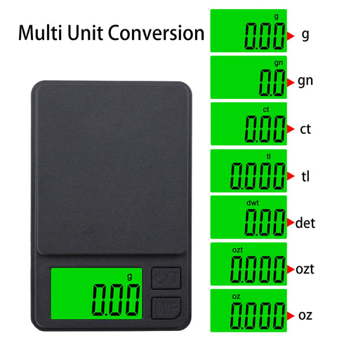 Pocket Scale 1000g x 0.01g Digital Gram Scale For Jewelry, Grab And Go Kitchen And Food Prep, showing multiple unit conversions