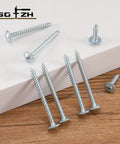Size 8 Wood Screw One Half Inch Carbon Steel Self Tapping Truss Head Fasteners displayed on wooden and white surfaces