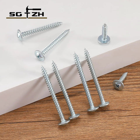 Size 8 Wood Screw One Half Inch Carbon Steel Self Tapping Truss Head Fasteners displayed on wooden and white surfaces