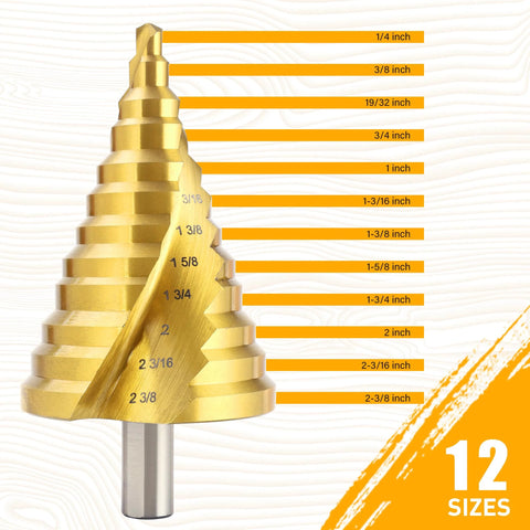 ROGAPER gold-colored spiral-groove step drill bit, 12-step HSS, 1/4 in to 2-3/8 in