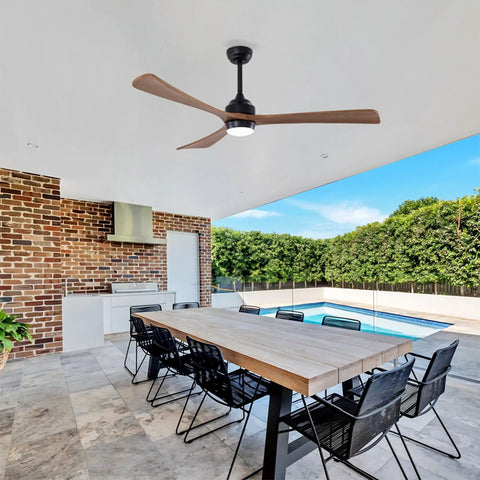 Neojoyoenix 62" 3PCS Solid Wood Blades Ceiling Fan with Lights Remote Control, used in a modern outdoor patio setting.