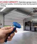 Hand holding a blue 10 Pack 4 Inch Stem Blue Quiet Garage Door Roller With Sealed End Cap Fits 2 Inch Track Seven Sixteenth Inch Stem Carbon Steel With Nylon Overmold And Reinforced Nylon Wheel For Smooth Low Vibration Operation.