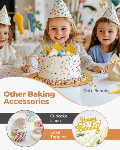 Children celebrating birthday with cake, wearing party hats. Details of cake boards, cupcake liners, and toppers included.