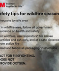 Safety tips for wildfire season text with smoke background, highlighting N95 Particulate Respirator With Adjustable Nose Clip And Two Strap Design Lightweight Disposable Mask Delivers Ninety Five Percent Filtration For Non Oil Dust From Sanding Grinding Sawing Bagging And More use