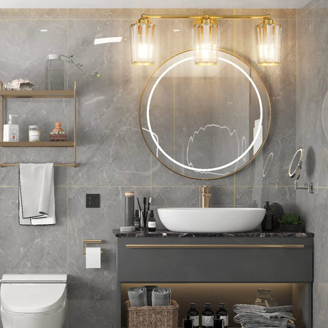 Bathroom with gold crystal vanity light featuring two lights dimmable E26 socket; modern fixture above mirror and sink.