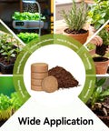 100 Pack 30mm Organic Coco Coir Seed Starter Pellets for Indoor and Outdoor Gardening with images of plant applications