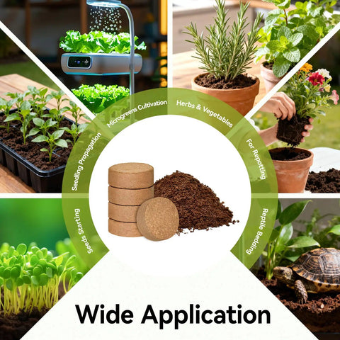 100 Pack 30mm Organic Coco Coir Seed Starter Pellets for Indoor and Outdoor Gardening with images of plant applications