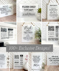 Collage of various designer bathroom signs with text warnings about flushing and sensitivity issues, displayed with plants.