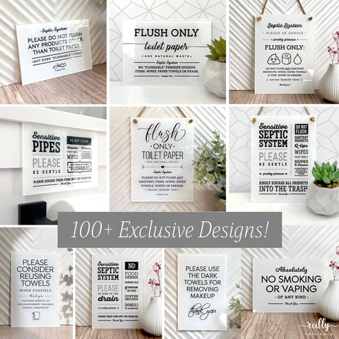 Collage of various designer bathroom signs with text warnings about flushing and sensitivity issues, displayed with plants.
