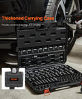 Impact Socket Set 3/8 Inch Drive, 90 PC Beefy CR-MO Steel Kit in thickened carrying case on garage floor