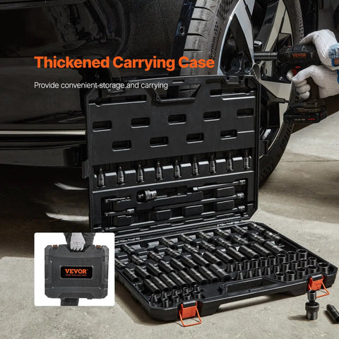 Impact Socket Set 3/8 Inch Drive, 90 PC Beefy CR-MO Steel Kit in thickened carrying case on garage floor