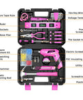Pink Tool Set For Women 130 Piece Home Toolkit With 3.6V Cordless Rechargeable Screwdriver in open case displaying contents.