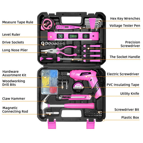 Pink Tool Set For Women 130 Piece Home Toolkit With 3.6V Cordless Rechargeable Screwdriver in open case displaying contents.