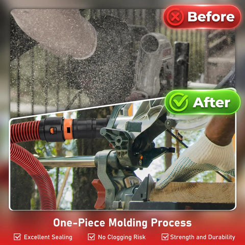 Before and after comparison using the 10-Foot Dust Collection Hose Kit For Table Saws And Power Tools To Shop Vacuums 1-1/4 Inch Vacuum Hose Kit With 6 Adapters Including 3/4 Inch, 1 Inch, Two 1-1/2 Inch And 2-1/4 Inch Rigid Adapters For Ridgid, Craftsman, DeWalt And More, showing dust reduction during sawing process.