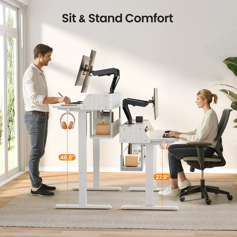 Ergonomic Electric Standing Desk 55 By 28 Inch Adjustable Sit Stand Workstation with Built In Bookshelf and Monitor Riser featuring Cool LED Light Strip.