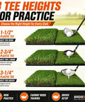 Dual Turf Golf Hitting Mat with 10mm foam padding showing three tee heights for practice with clubs on turf