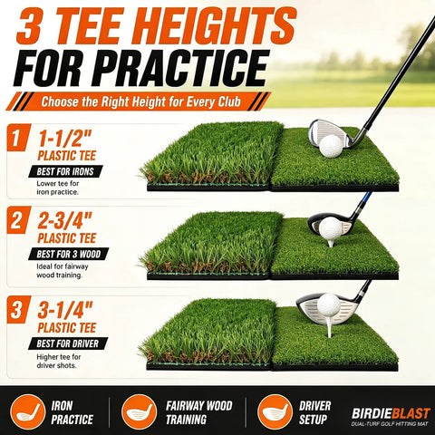 Dual Turf Golf Hitting Mat with 10mm foam padding showing three tee heights for practice with clubs on turf