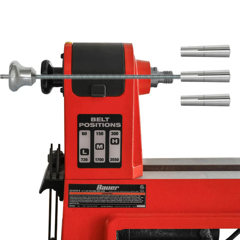 Wood lathe with Three Piece Draw Bar Collet Chuck Set MT2 Taper For Wood Lathe With Inner Thread 3/8x16TPI displayed beside.