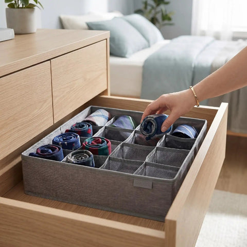 Foldable Oxford Fabric Closet Organizers For Socks And Underwear With Multi Compartments sorting rolled socks in a drawer.