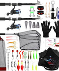 Two Piece Telescopic Fishing Rod And Reel Combo With Preloaded Spinning Reels Lip Gripper Pliers Lures Scoop Net Fish Basket Gloves And Carrier Bag For Saltwater And Freshwater Fishing displayed with accessories.