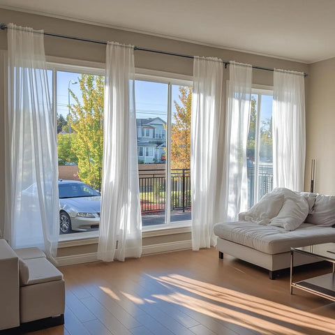 Living room with light curtains on an Industrial Wrap Around Curtain Rod, 1 Inch Diameter, Adjustable 66 To 120 Inch Black Drapery Pole For Indoor Outdoor Use, Heavy Duty Curtain Rod For Room Dividers, Built To Last, Easy Install, No Sag.