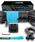 Beefy Heavy Duty 5/16 Inch 50 Foot Synthetic Winch Rope Kit with 12000 Lbs Break Strength, shown with hook and safety strap