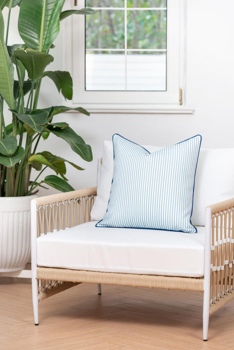 Coastal Hampton Style Outdoor Indoor Pillow Cover 20x20 Water Resistant Blue Stripe for Backyard Patio and Couch Decor