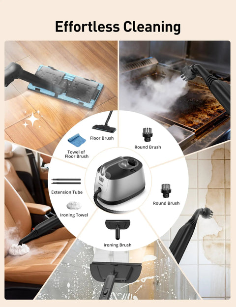 Heavy Duty Handheld Steam Cleaner And Mop With 293 Degrees Heat And 50 Oz Tank Featuring 21 Attachments for detailed cleaning.