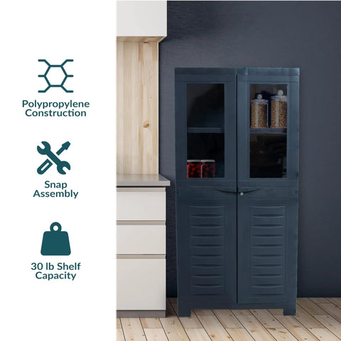 Resin Garage Storage Cabinet With Two Acrylic Glass Doors Freestanding Utility Organizer, 48.75 inch tall, charcoal finish, front view
