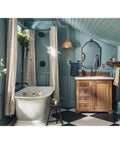 Bathroom with a wooden vanity, freestanding tub, and Belfield 9 Inch Bathroom Hand Towel Bar In Polished Nickel Sleek Dope Towel Rack
