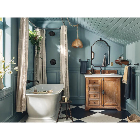 Bathroom with a wooden vanity, freestanding tub, and Belfield 9 Inch Bathroom Hand Towel Bar In Polished Nickel Sleek Dope Towel Rack