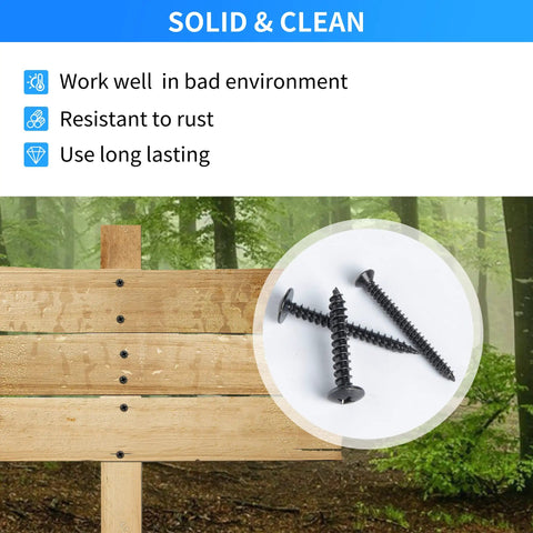 Heavy Duty Black Wood Screws Assortment Kit 485 Piece Self Tapping Set Featuring Carbon Steel Construction with screws on wooden sign in forest.
