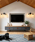 Living room with Industrial Black Wall Sconce Hardwired Double Light With 5.9 Inch Glass Globe Lampshade above media console