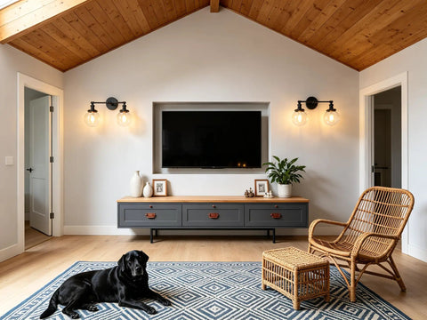 Living room with Industrial Black Wall Sconce Hardwired Double Light With 5.9 Inch Glass Globe Lampshade above media console