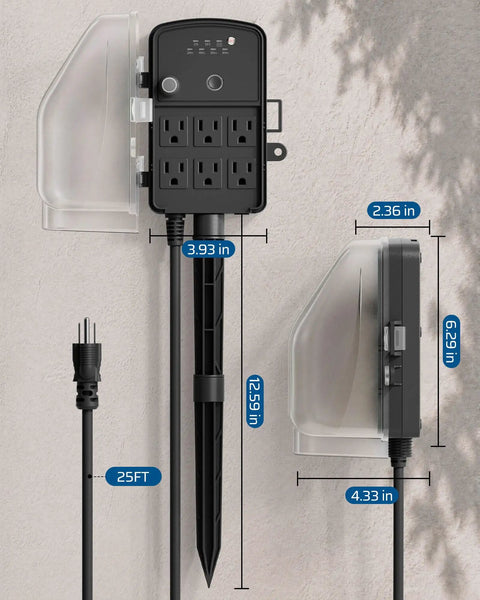 Top Notch Outdoor Power Stake Timer With Waterproof Shell And Automatic Dusk To Dawn Scheduling Delivers Six Grounded Outlets measured against a light wall.