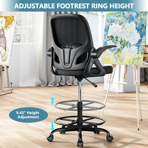 Back view of Tall Drafting Chair For Home Office And Art Studio, Ergonomic Standing Desk Stool with mesh back and adjustable foot ring.