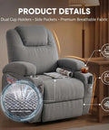 Power Lift Chair Massage Recliner For Seniors With Ergonomic Support Remote Control Built In Cup Holders And Side Pockets Easy Sit To Stand Lift Adjustable Recline Gray in living room with close-up on fabric texture