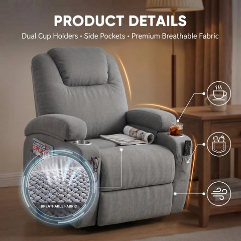 Power Lift Chair Massage Recliner For Seniors With Ergonomic Support Remote Control Built In Cup Holders And Side Pockets Easy Sit To Stand Lift Adjustable Recline Gray in living room with close-up on fabric texture