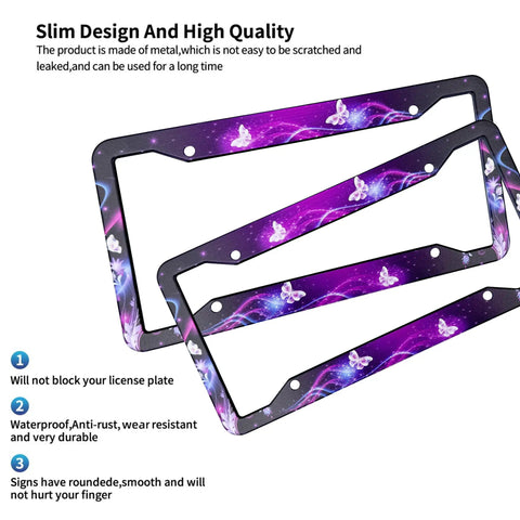 Universal Durable Aluminum License Plate Frame Cover 12.3 x 6.3 Inch Car Plate Holder Decor For Women And Men 2 Pack With Screws Weatherproof Easy Fit showing butterfly pattern
