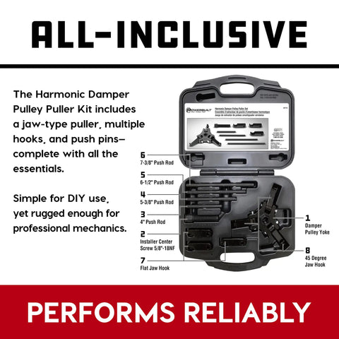 Harmonic Balancer Puller Set With Adjustable 3 Jaw Design in heavy-duty case, includes jaw-type puller, hooks, push rods.