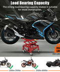 Heavy Duty 350 Lb Hydraulic Motorcycle Lift Jack With Foot Operated Scissor Stand lifting a motorcycle in a garage