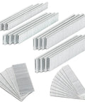 Heavy Duty Galvanized Staples and Brad Nails Kit for Pneumatic and Electric Staplers, showing multiple staple sizes in silver finish