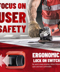 Beast 9 Amp Angle Grinder 4-1/2 Inch Electric Power Tool With 11,800 RPM being used with focus on user safety and ergonomic switch