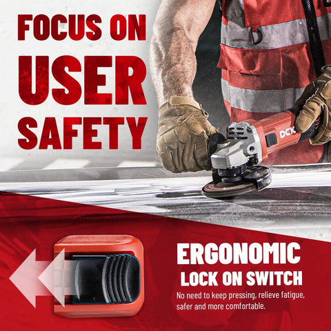 Beast 9 Amp Angle Grinder 4-1/2 Inch Electric Power Tool With 11,800 RPM being used with focus on user safety and ergonomic switch