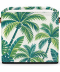 13 Inch Foldable Cube Storage Bins With Reinforced Handles Heavy Duty Waterproof Fabric Closet Organizer Zero Hassle Easy Clean Solid Build For Blankets Linens Nursery Gear And Clothes Slick Tropical Leaf Design with green palm leaves.