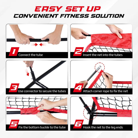 Setup guide for 7x7 Foot Baseball Net With Batting Tee For Backyard Hitting And Pitching Practice, showing assembly steps.